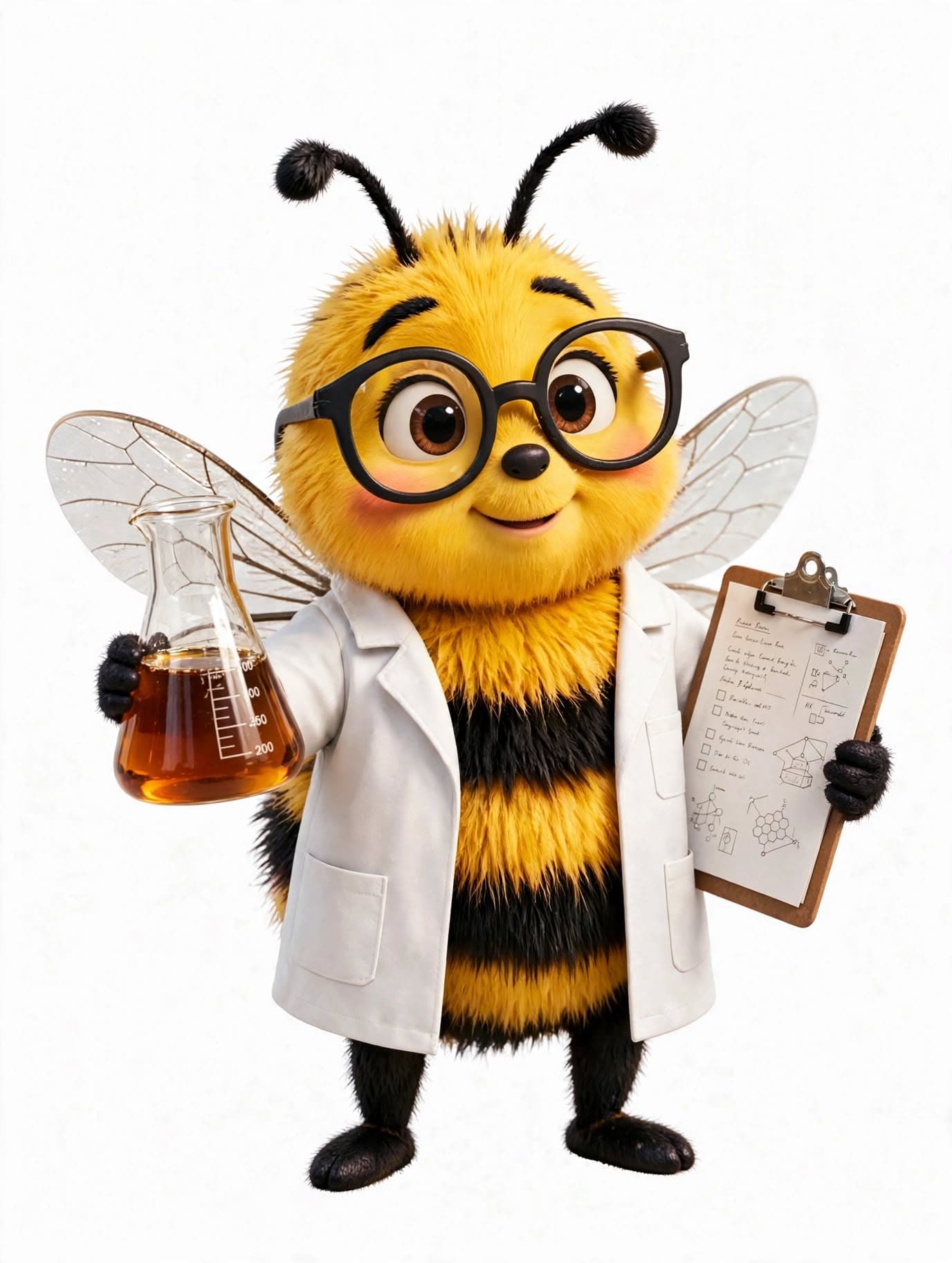 The Brumble Bee Farms character wearing a lab coat and holding a honey sample and research notes.