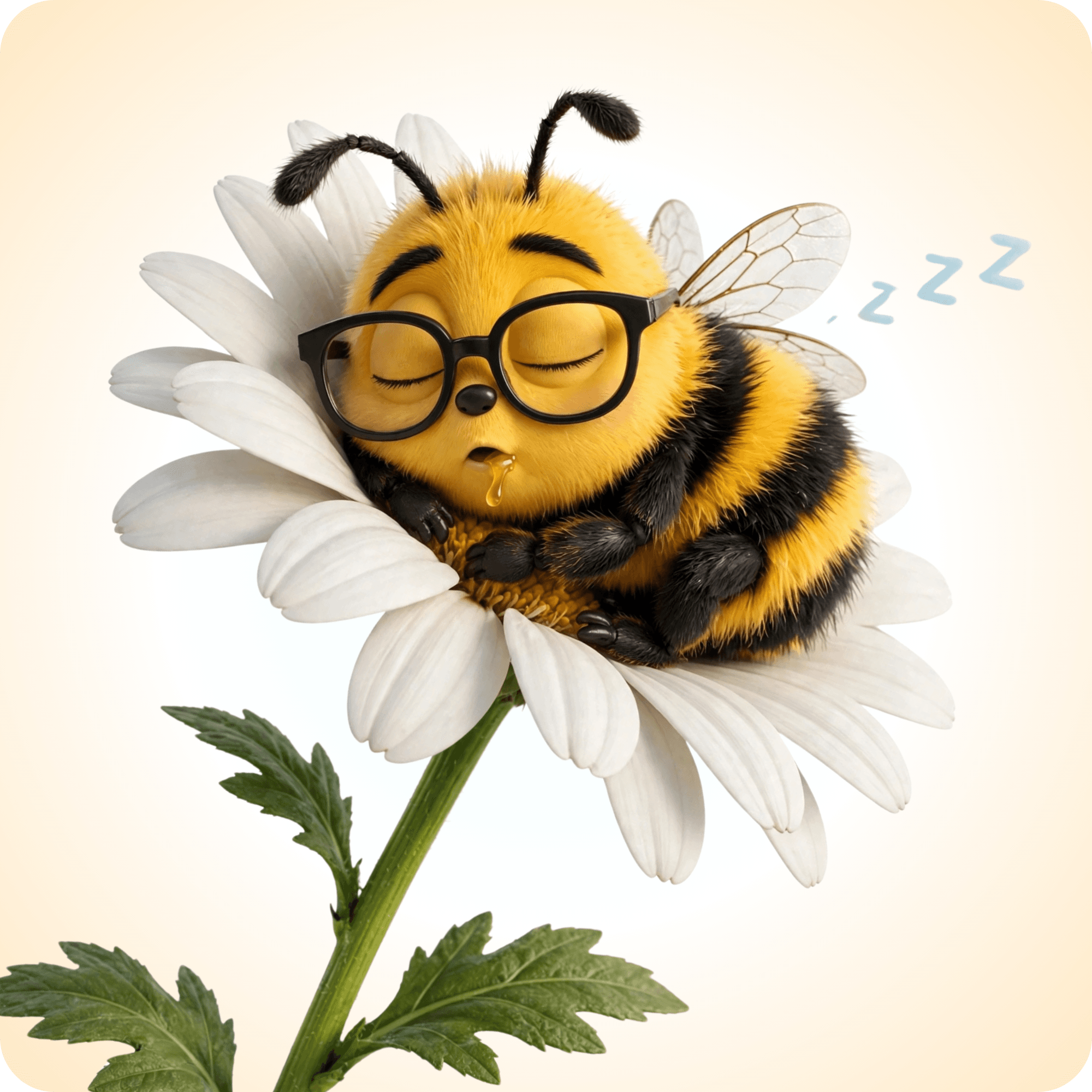 The Brumble Bee Farms mascot, a sleepy bumblebee wearing glasses and resting on a white flower.