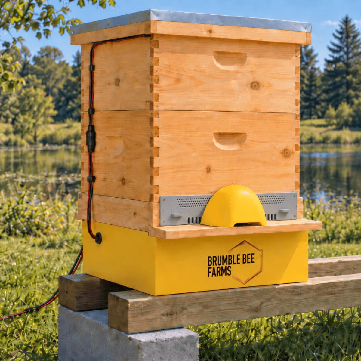 A Brumble Bee Farms research hive fitted with external sensor wiring beside a pond.