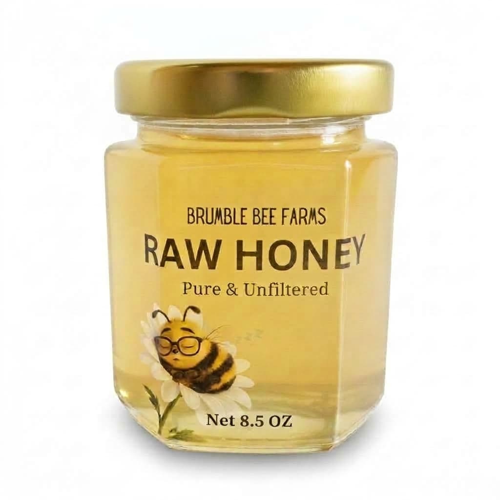 An 8.5-ounce jar of Brumble Bee Farms raw honey, pure and unfiltered, with the sleeping bee on the label.
