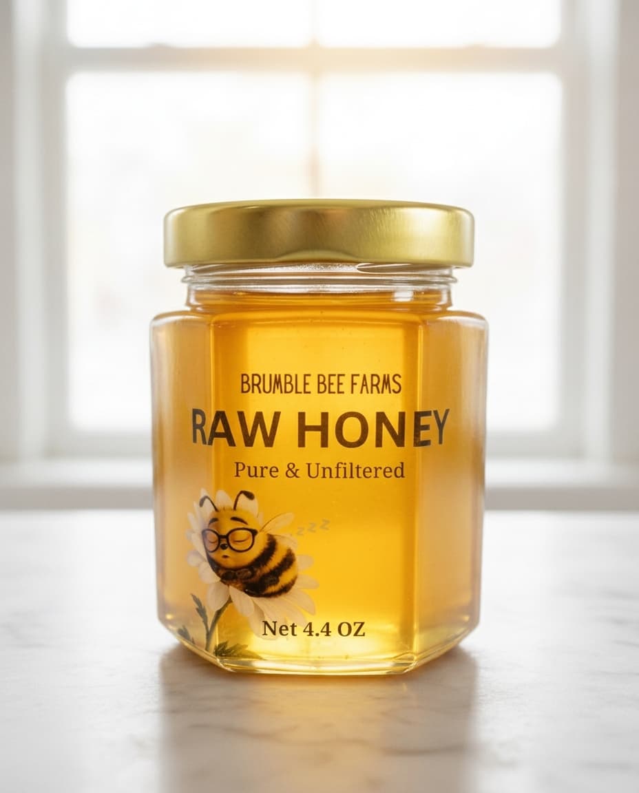 A 4.4-ounce jar of Brumble Bee Farms raw honey backlit in a window, the honey glowing gold.