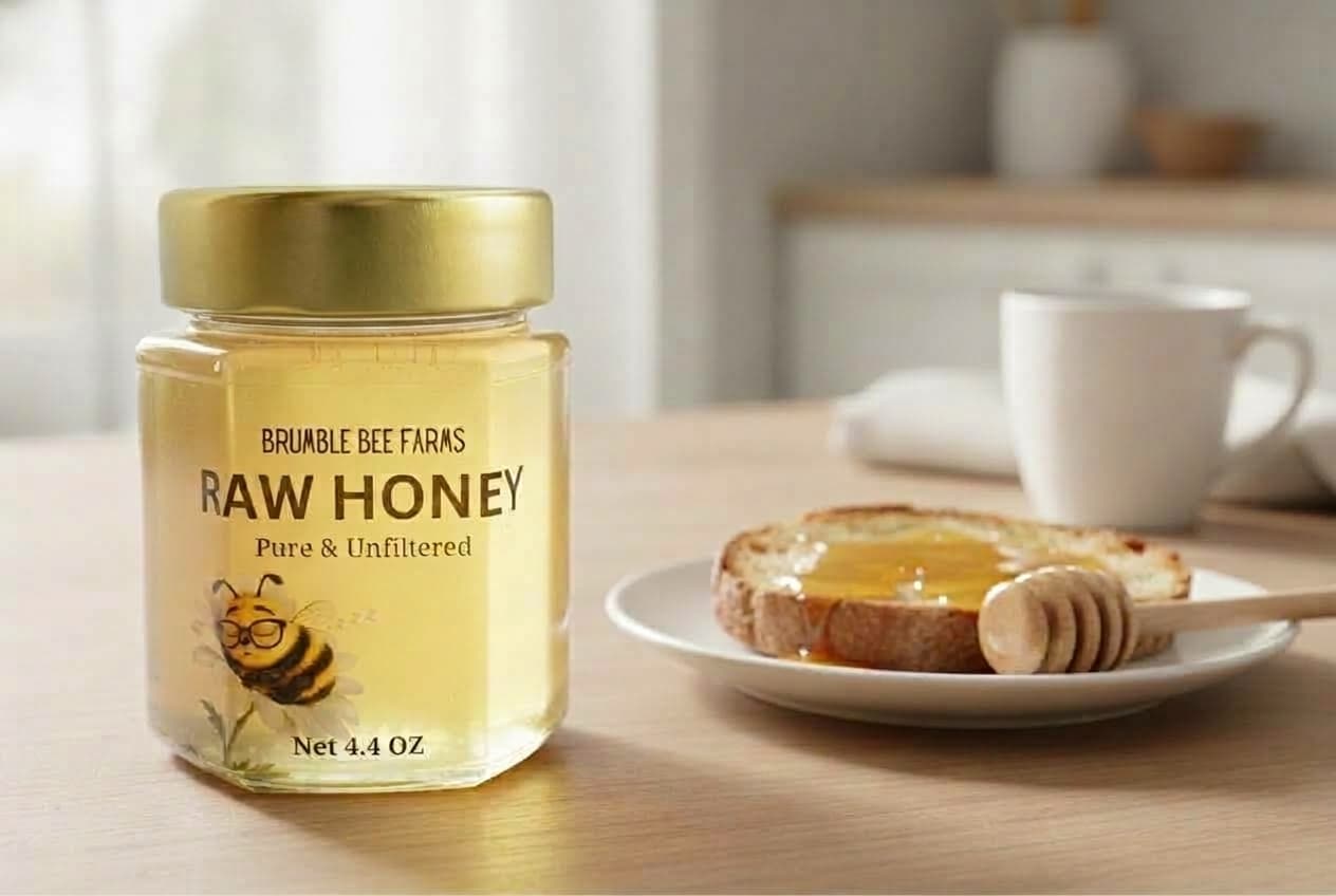A 4.4-ounce jar of Brumble Bee Farms raw honey on a breakfast table beside toast with honey and a cup of coffee.