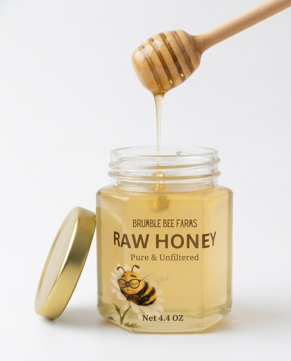 A wooden dipper dripping raw honey back into an open 4.4-ounce Brumble Bee Farms jar.