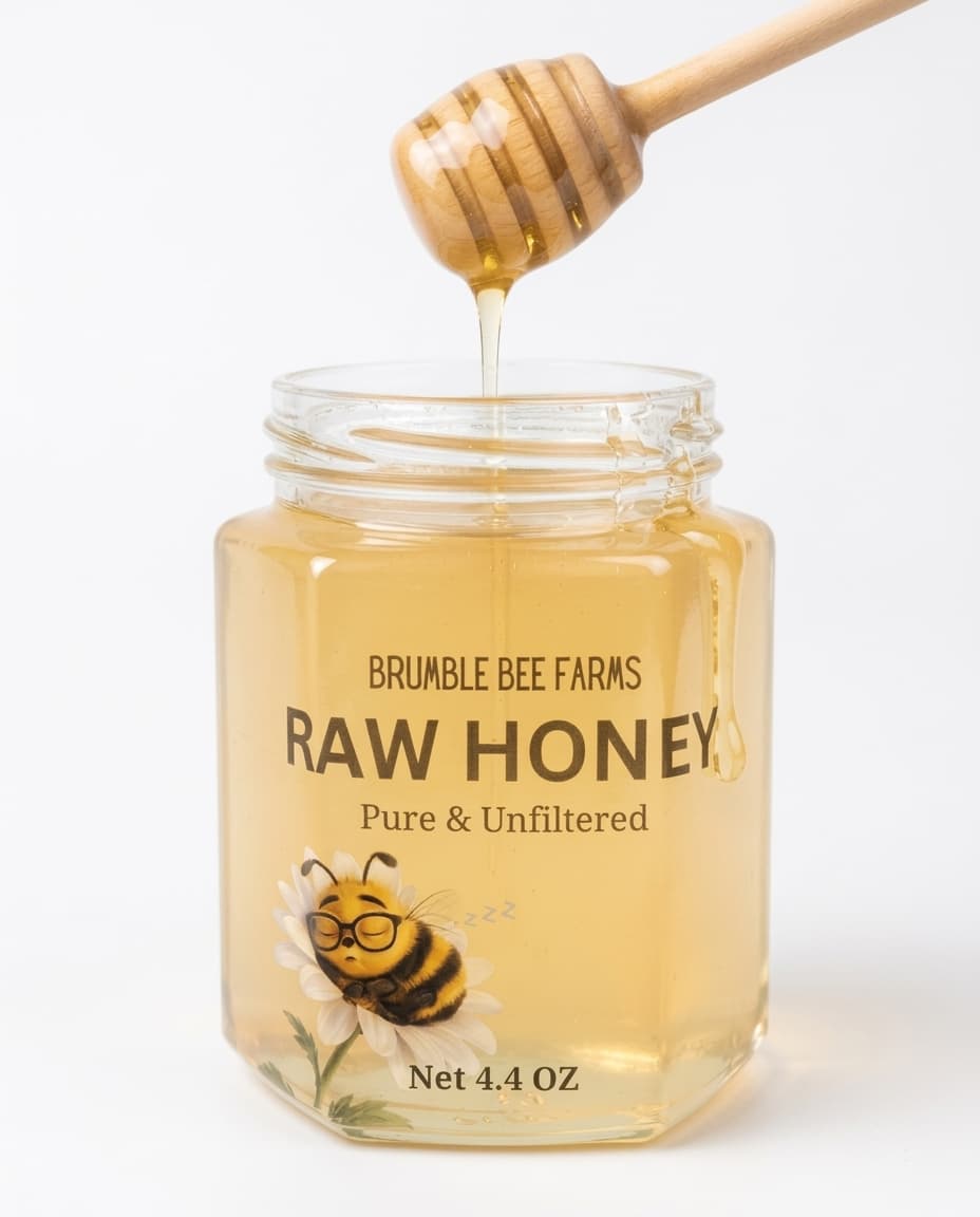 Honey dripping from a dipper into an open Brumble Bee Farms jar and running down the glass.