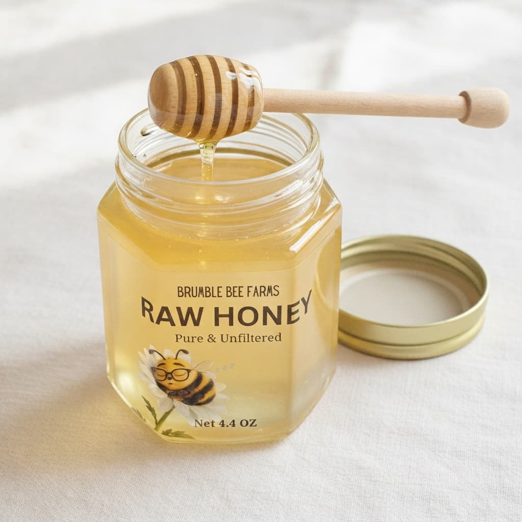 An open 4.4-ounce jar of Brumble Bee Farms raw honey with a wooden dipper resting on the rim.