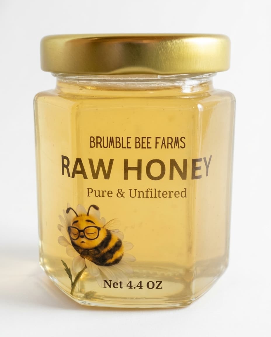 A 4.4-ounce jar of Brumble Bee Farms raw honey, turned slightly so the gold lid and label catch the light.