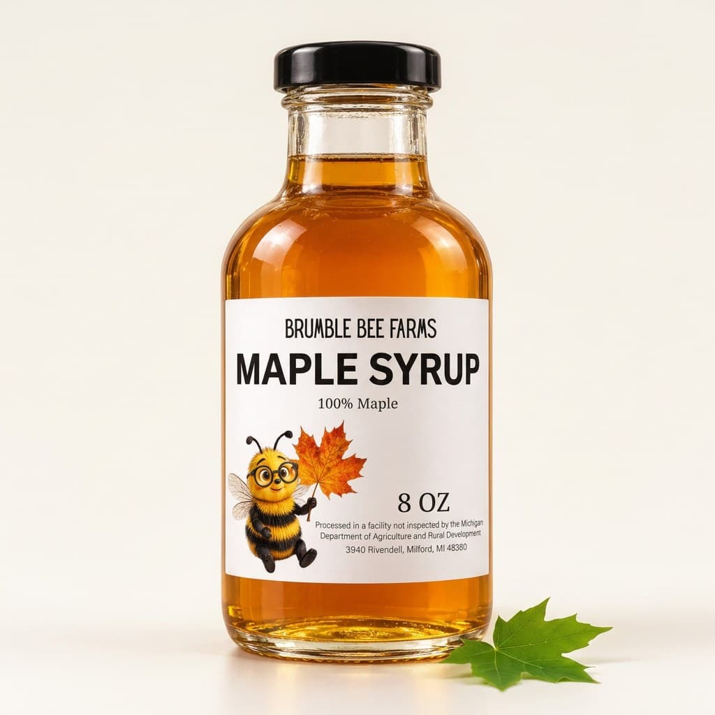 An 8-ounce glass bottle of Brumble Bee Farms maple syrup with a black cap, the label showing the bee mascot holding a maple leaf.