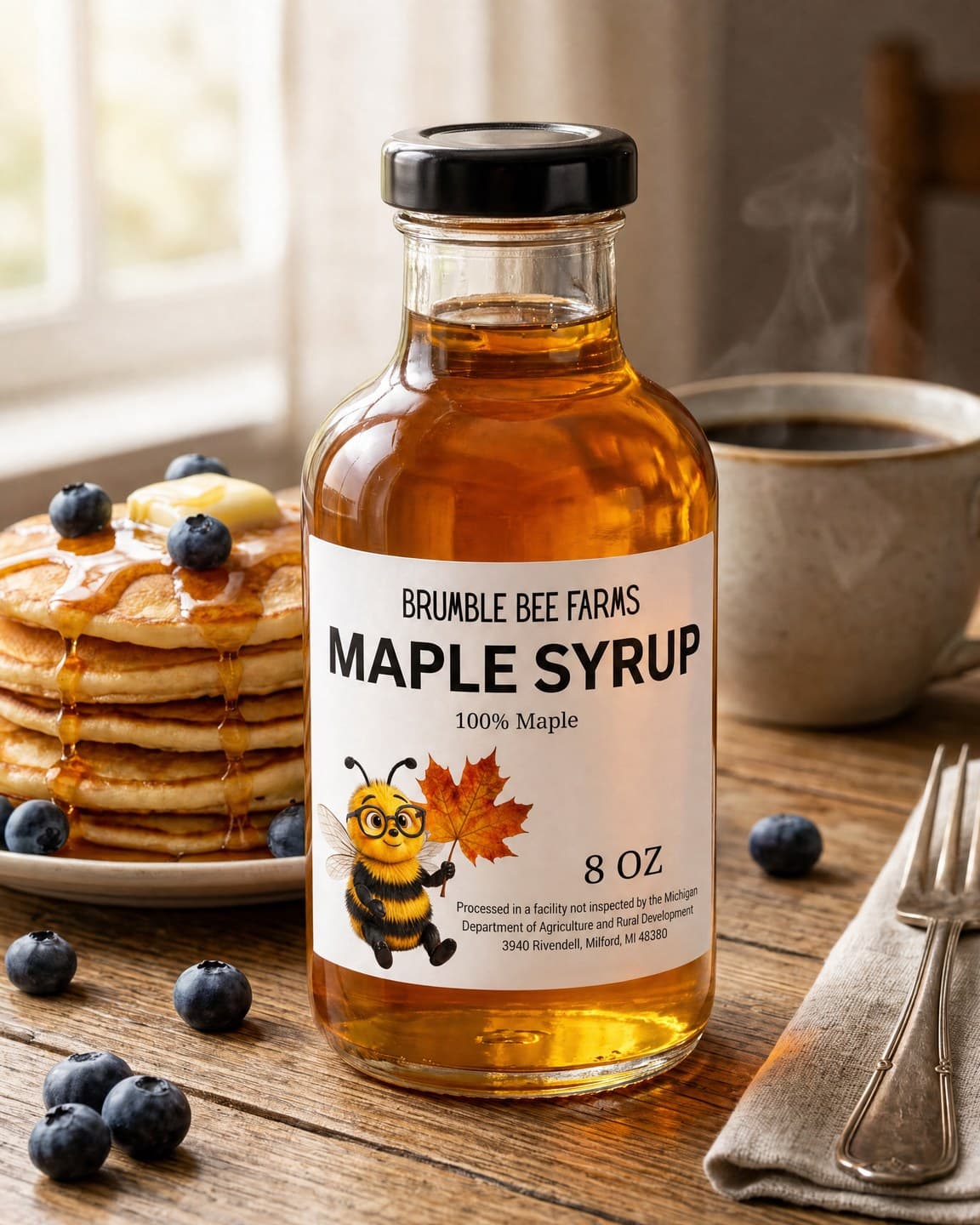A bottle of Brumble Bee Farms maple syrup beside a stack of pancakes with butter, blueberries, and a cup of coffee.