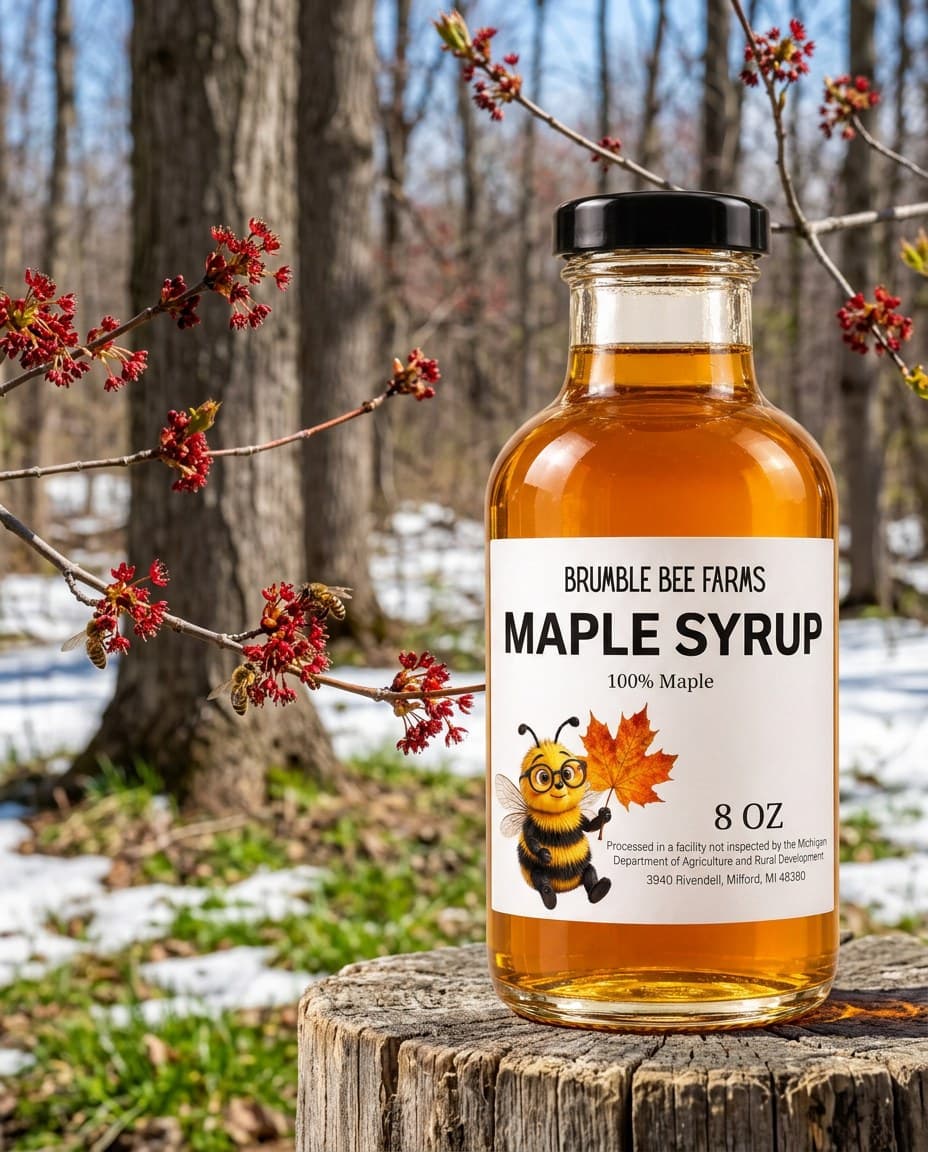 A bottle of Brumble Bee Farms maple syrup on a stump in an early spring maple grove, with honey bees visiting red maple blossoms.