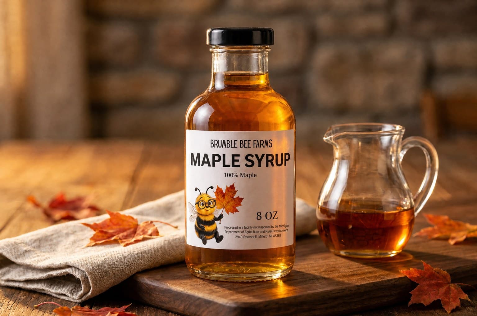 A bottle of Brumble Bee Farms maple syrup on a walnut board beside a glass pitcher of syrup and autumn maple leaves.