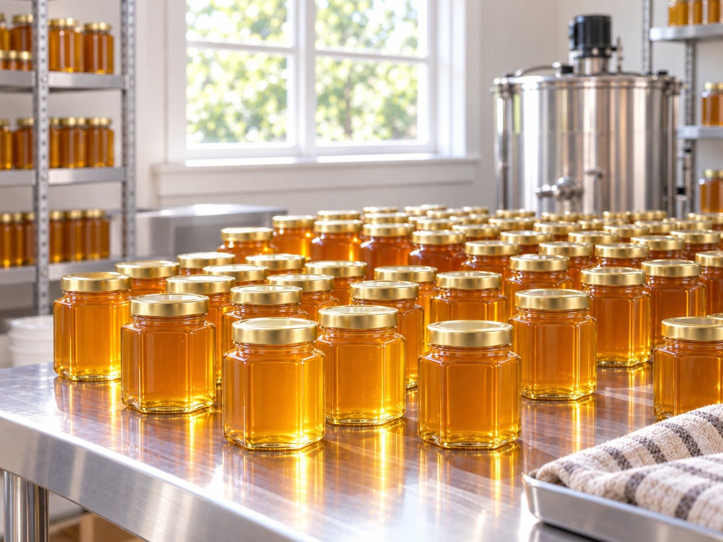 Rows of hexagonal honey jars with gold lids on a steel table in the honey house.